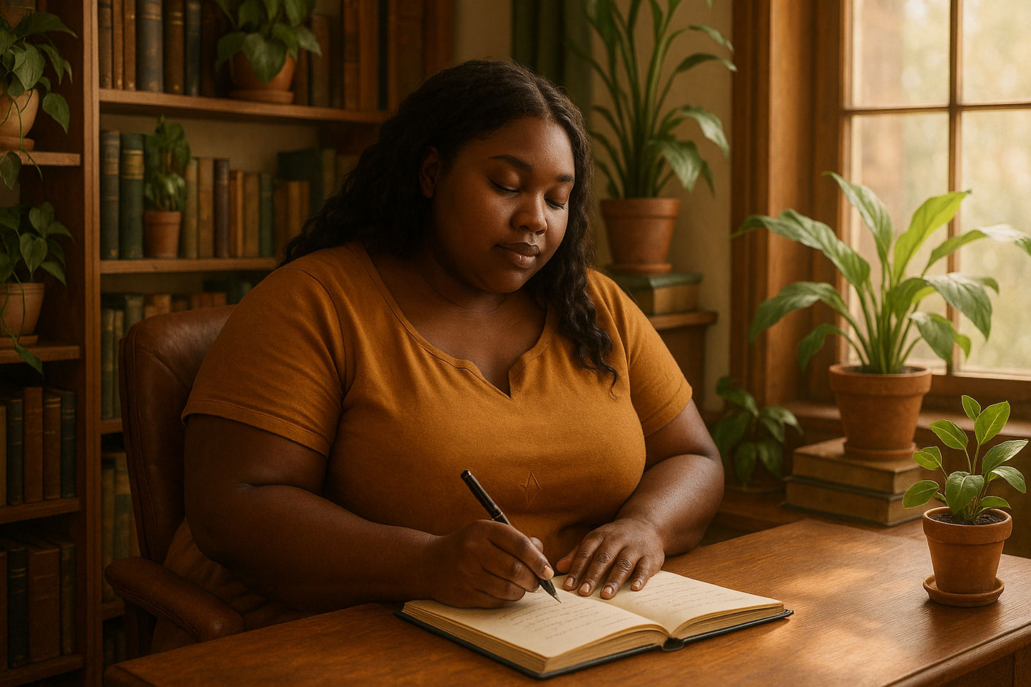 please create a beautiful plus sized black woman sitting in an office that has book shelves and plants writing a spiritual poem in a journal by hand.