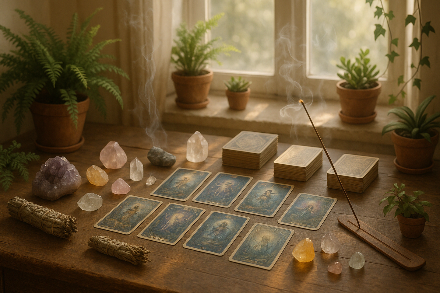 please create a photo of several types of tarot card desks and crystals with sage and incense on a soft light filled room with plants and a window.  