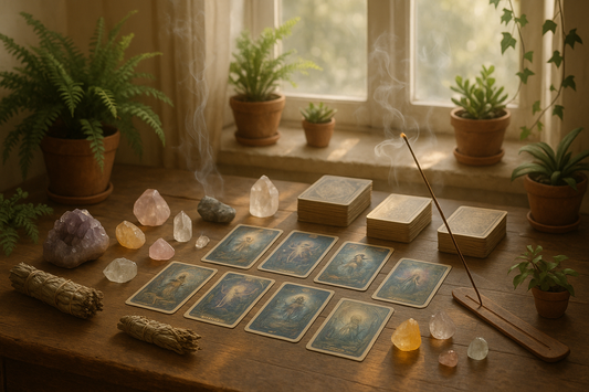 please create a photo of several types of tarot card desks and crystals with sage and incense on a soft light filled room with plants and a window.  